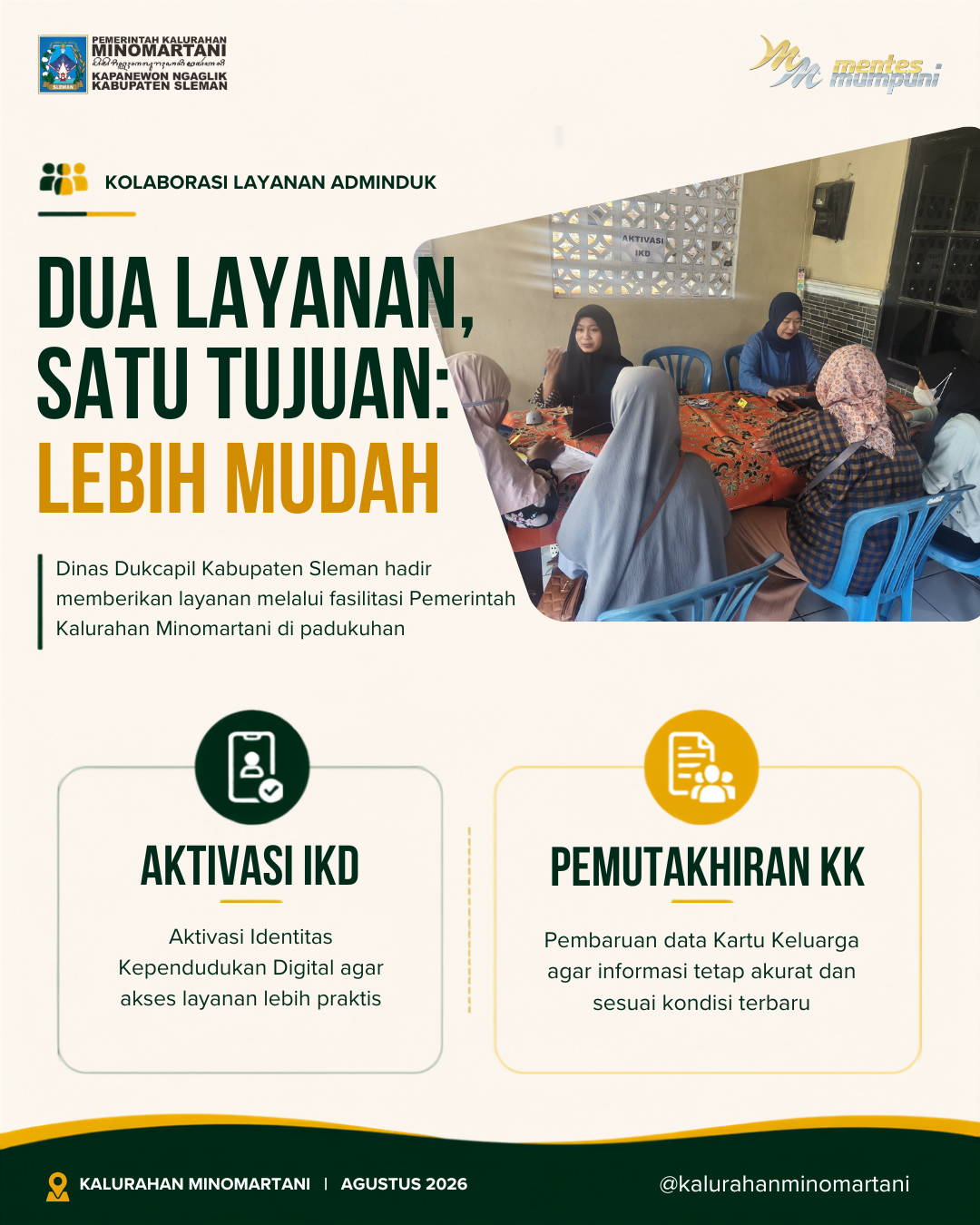 Infografis kolaborasi layanan adminduk Dinas Dukcapil Sleman dan Pemerintah Kalurahan Minomartani, meliputi Aktivasi IKD dan pemutakhiran KK.